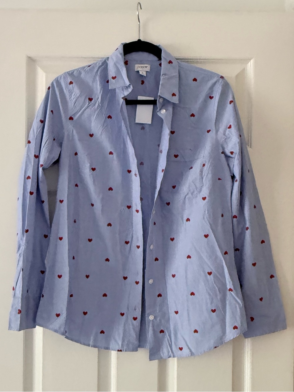 J. Crew Light Blue Button-Down Shirt with Red Heart Print